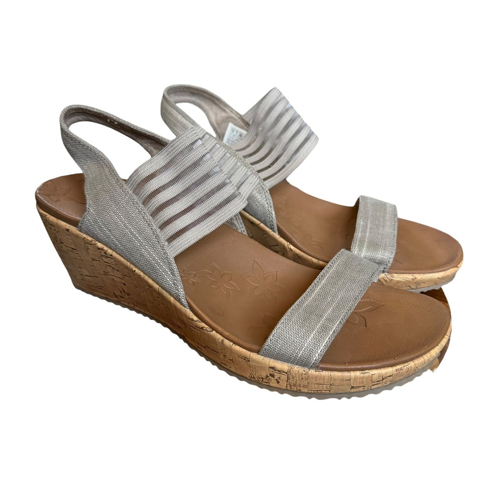 Skechers Luxe Foam Wedge Sandals Womens 10 Taupe Silver Stretch Slingback 31597